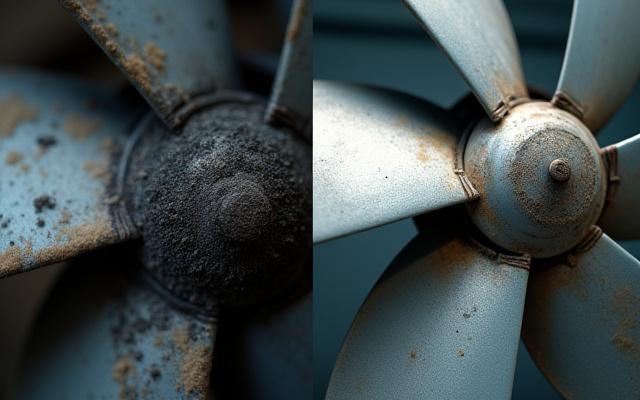 カビだらけのエアコンファンと洗浄後のピカピカなファン