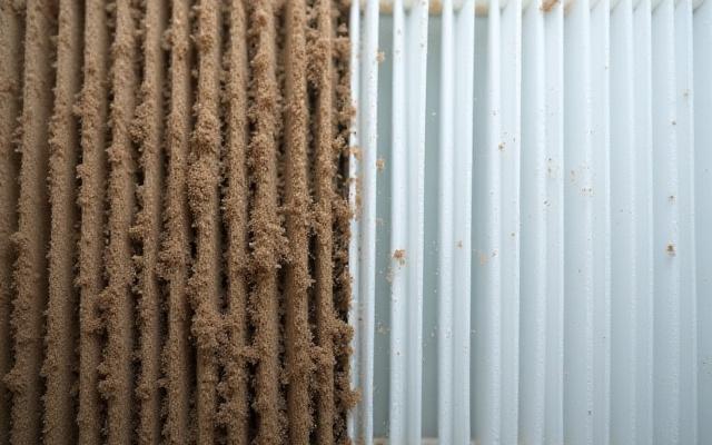 ホコリで詰まったエアコンフィルターと洗浄後の綺麗なフィルター