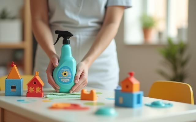 子供が遊ぶリビングで、清掃員がテーブルを丁寧に除菌している様子