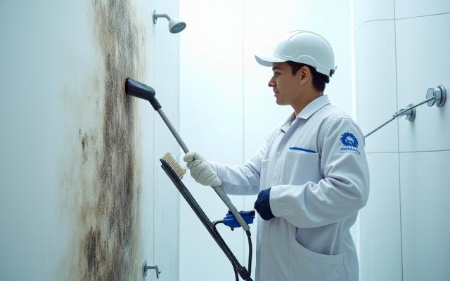 カビで汚れた浴室の壁を専門家が丁寧に清掃している光景