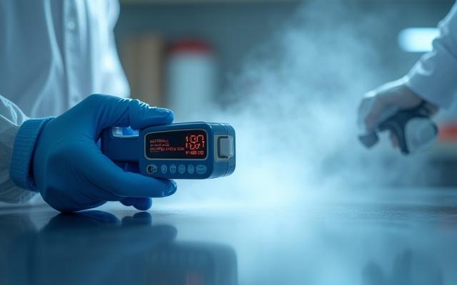 専門家がATP検査機器で表面のウイルスレベルを測定し、その後抗ウイルスコーティングしている様子