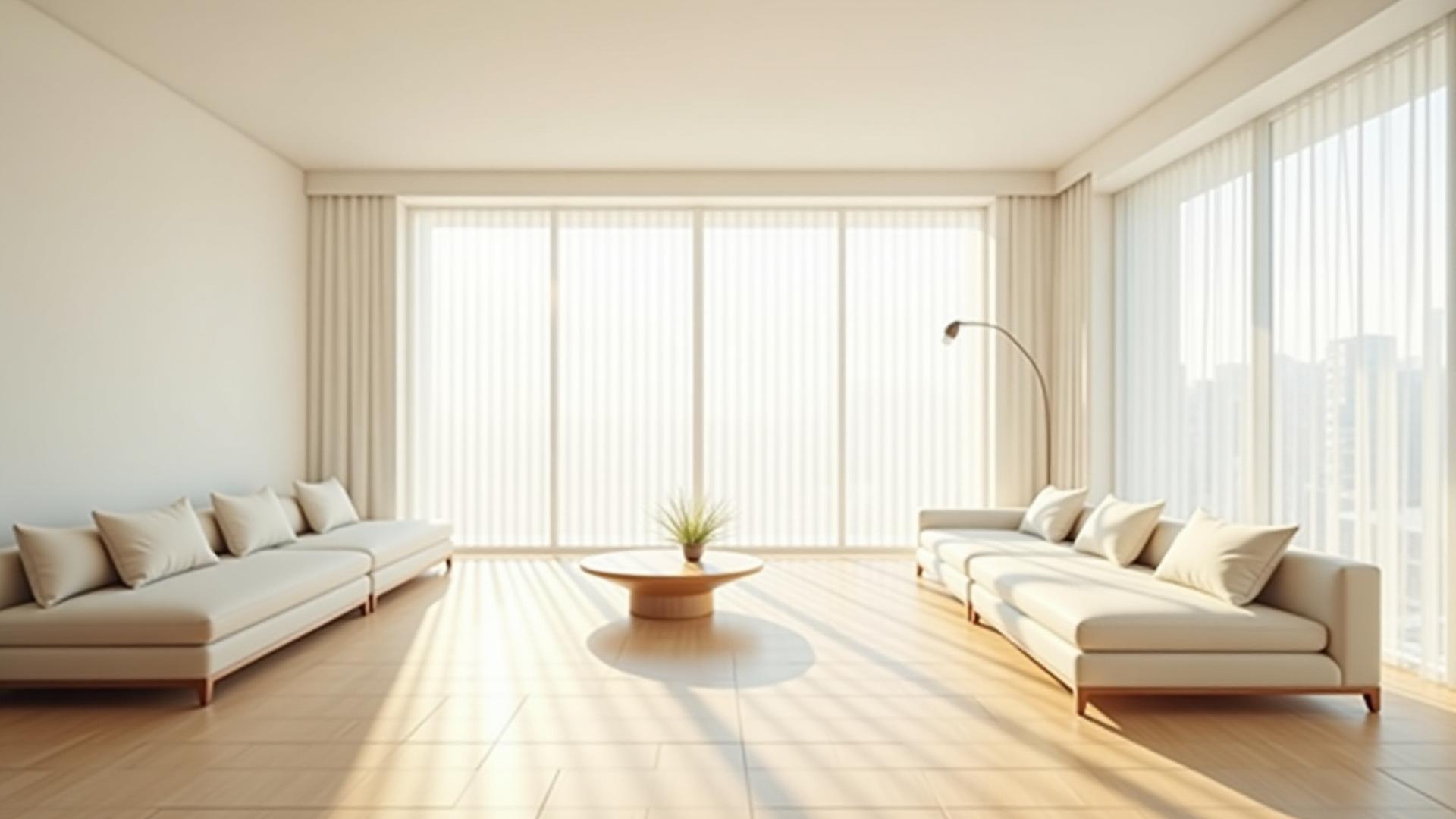 港区・麻布台のモダンで清潔なリビングルーム、朝の光が差し込む