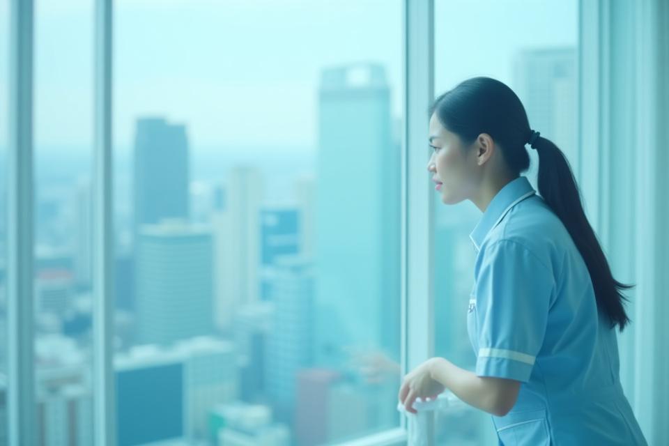 プロのスタッフが窓を丁寧に拭き上げる様子