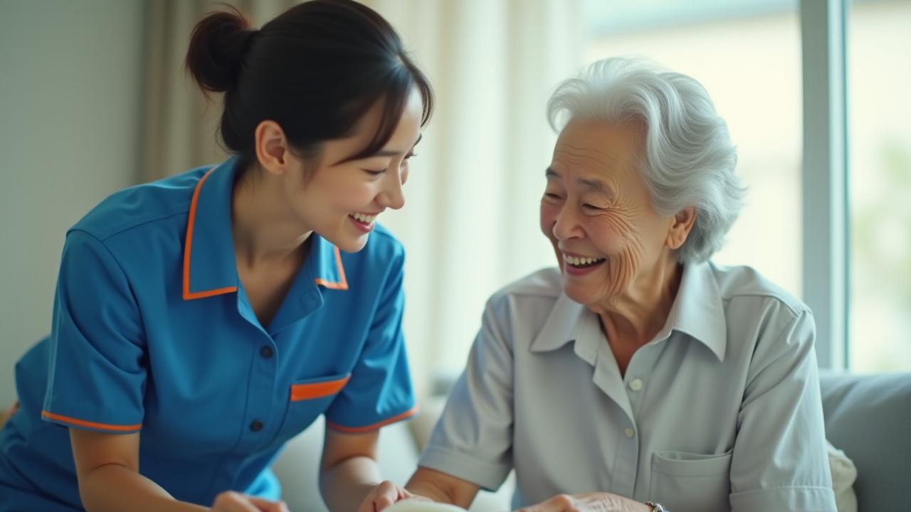 笑顔の高齢者と、優しく話しかける女性スタッフの温かみのある写真