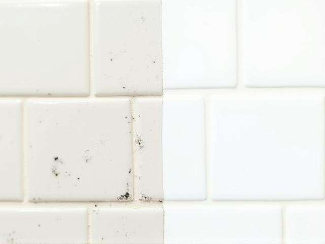 Before: カビだらけの浴室タイル目地、After: 真っ白な清潔な目地