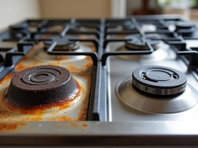 Before: 焦げ付いたガスコンロ、After: 新品のように輝くガスコンロ