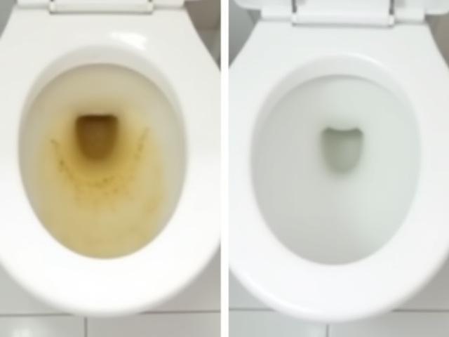 Before: 黄ばんだトイレの便器、After: 陶器の白さが蘇った清潔な便器